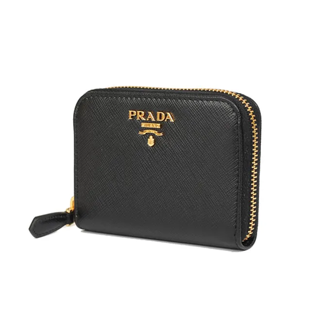 【PRADA 普拉達】SAFFIANO 防刮皮革金屬字母拉鍊零錢包(黑)