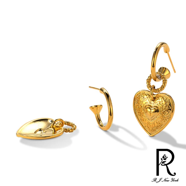 RJ New York 愛心復古浮雕花紋黃銅鍍金圈圈耳環(2色可選)