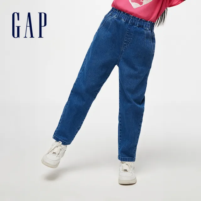 【GAP】女童裝 Logo鬆緊錐形牛仔褲-深藍色(891979)