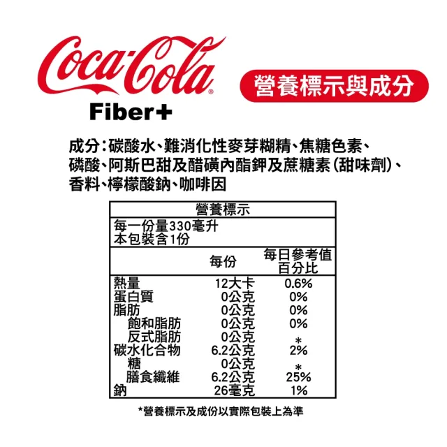 【Coca-Cola 可口可樂】纖維+ 隨行罐330ml x24入/箱(無糖)