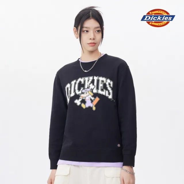 【Dickies】女款黑色純棉胸前馬賽克圖案印花休閒大學T｜DK011613BLK