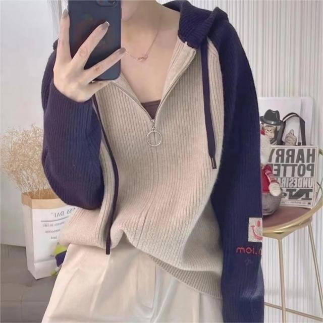 【巴黎精品】現貨+預購 毛衣外套長袖針織衫(拼色連帽寬鬆夾克女外套4色a1dh143)