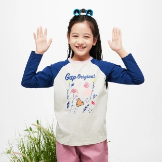 【GAP】女童裝 Logo小熊印花圓領長袖T恤-藍白撞色(890403)