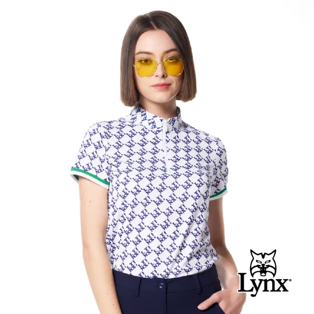 【Lynx Golf】女款吸排抗UV抗菌防臭機能網眼布滿版Lynx字樣排列印花短袖立領POLO衫/高爾夫球衫(二色)