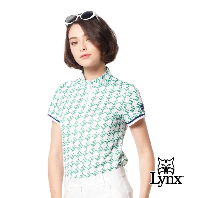 【Lynx Golf】女款吸排抗UV抗菌防臭機能網眼布滿版Lynx字樣排列印花短袖立領POLO衫/高爾夫球衫(二色)