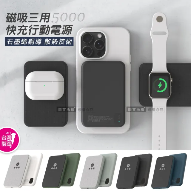 【POLYBATT】5000mAh 石墨烯銅導散熱 MagSafe磁吸三用快充行動電源(台灣製)