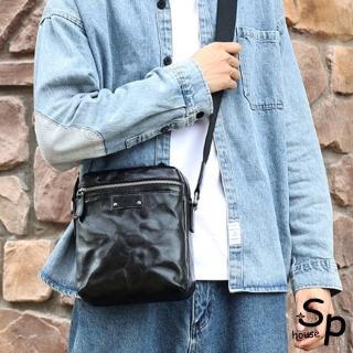 【Sp house】休閒商務抓紋全真牛皮斜背側背男用包(黑色)