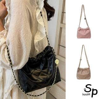 【Sp house】復古菱格線斜背側肩手提女用鍊條水桶包(4色可選)