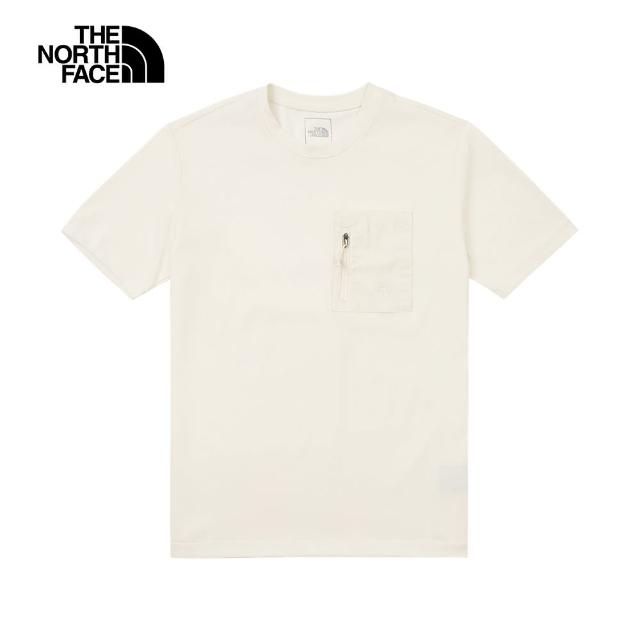 【The North Face 官方旗艦】北面男款米白色拉鍊胸袋舒適短袖T恤｜87V7QLI(上衣/LOGO)