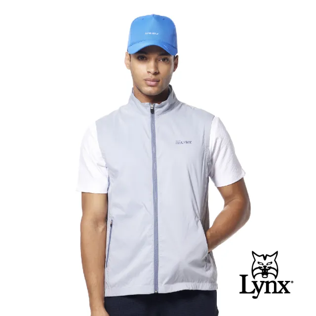 【Lynx Golf】男款透氣彈性舒適脇邊剪接沖孔山貓造型配布拉鍊口袋無袖背心(三色)