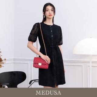 【MEDUSA 曼度莎】現貨-黑色蕾絲燒花開襟綁帶小洋裝（M-XL）｜小禮服 蕾絲洋裝 短袖洋裝(301-70306)
