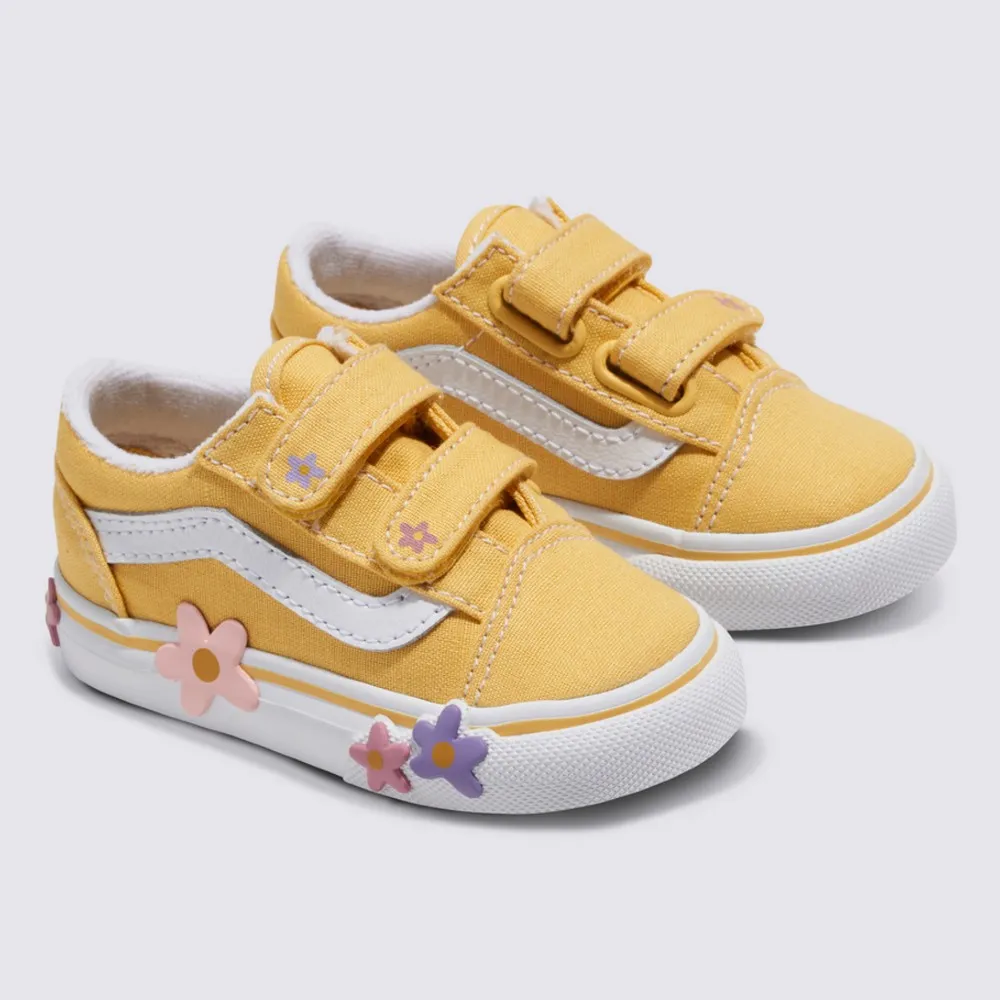 【VANS 官方旗艦】Old Skool V Flower 小童款花朵圖案黃色滑板鞋/休閒鞋