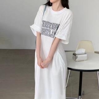 【Amirr 艾米爾】★字母印花遮肚長板連衣裙(女上衣/短袖/連身裙)