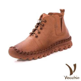 【Vecchio】真皮短靴 厚底短靴/真皮頭層牛皮手工縫線彈力V口百搭厚底短靴(棕)