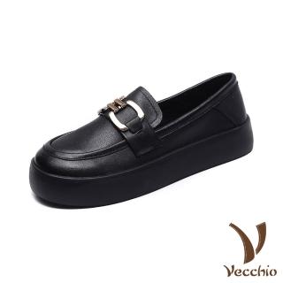 【Vecchio】真皮樂福鞋 厚底樂福鞋/全真皮頭層牛皮復古金屬釦飾小圓頭厚底樂福鞋(黑)