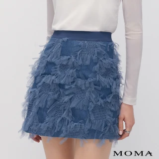 【MOMA】格狀流蘇繡花牛仔短裙(藍色)
