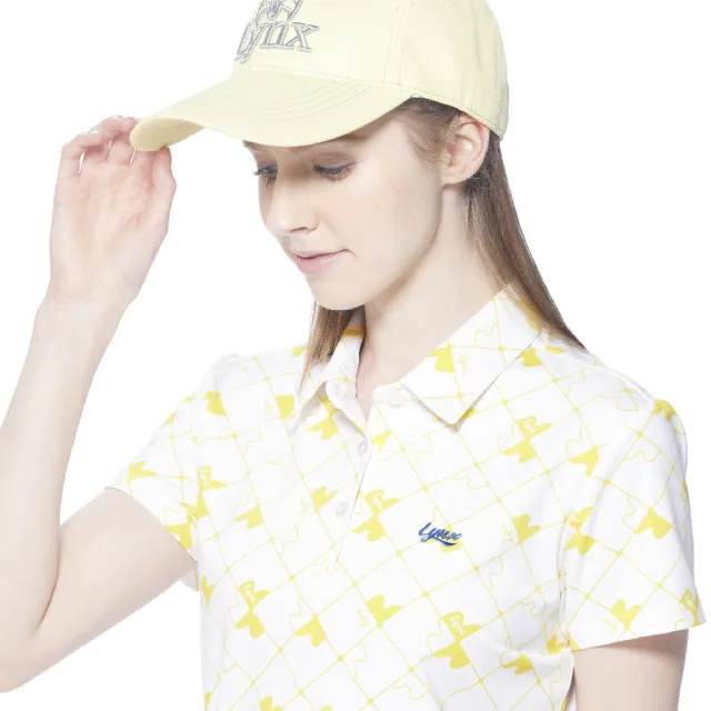 【Lynx Golf】女款吸汗速乾機能菱格紋拼圖造型Lynx繡花短袖POLO衫(白色)