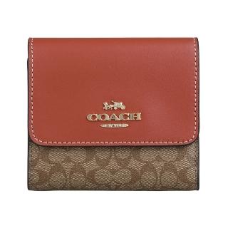 【COACH】COACH金字LOGO牛皮搭PVC 2卡釦式短夾(小/卡其x紅陶)