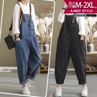 【艾美時尚】女長褲 中大尺碼 連身牛仔褲 日系個性風吊帶哈倫褲。M-2XL(2色.預購)