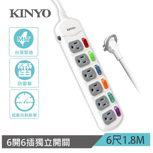 【KINYO】6開6插防火防雷擊過載保護  獨立開關電源延長線(6尺1.8M)