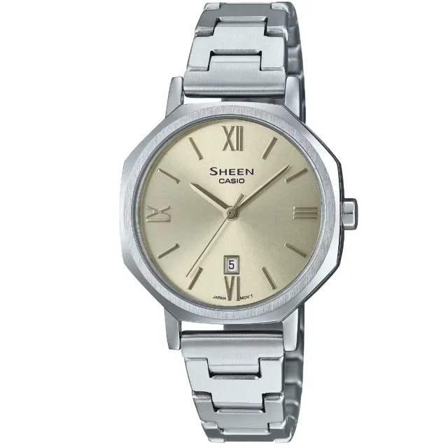 【CASIO 卡西歐】卡西歐 SHEEN 時尚藍寶石鏡面鋼帶錶-淡金色(SHE-4554D-9A 台灣公司貨)