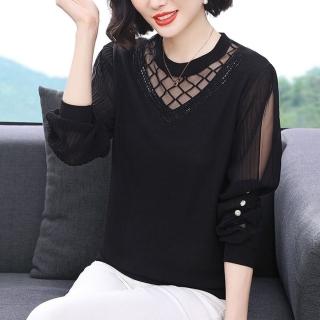 【AKARA】別緻亮片拼接蕾絲網紗V領長袖上衣**5XL