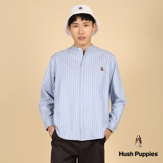 Hush Puppies 男裝 襯衫 休閒直條紋漁夫帽狗亨利領襯衫(水藍 / 43112103)