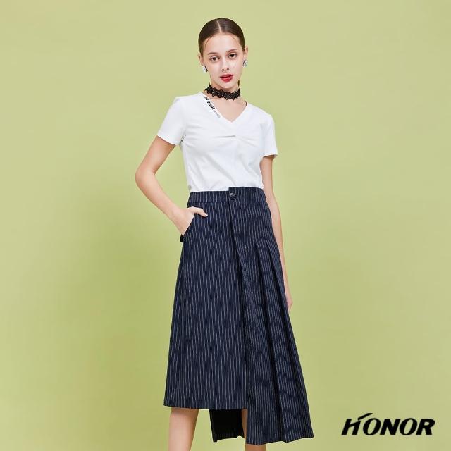 【HONOR 山形屋】百褶條紋側釦不對稱下擺長裙(MOMO獨家限定)