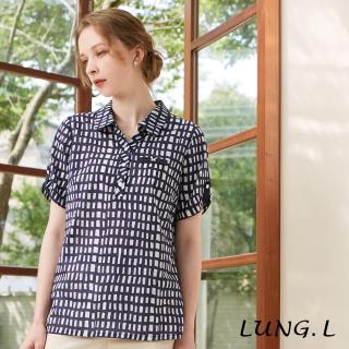 【LUNG.L 林佳樺】LP62A藍色棉質格紋A-Line長版短袖上衣(加大尺碼)