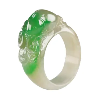 【漢石齋】天然翡翠A貨 招財錦鯉戒指 冰糯種飄花(國際戒圍18號)