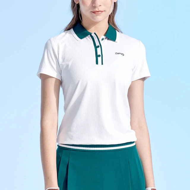 PING 女款抽針羅紋高爾夫短袖POLO衫-白(吸濕排汗/抗UV/GOLF/高爾夫球衫/RA24110-87)