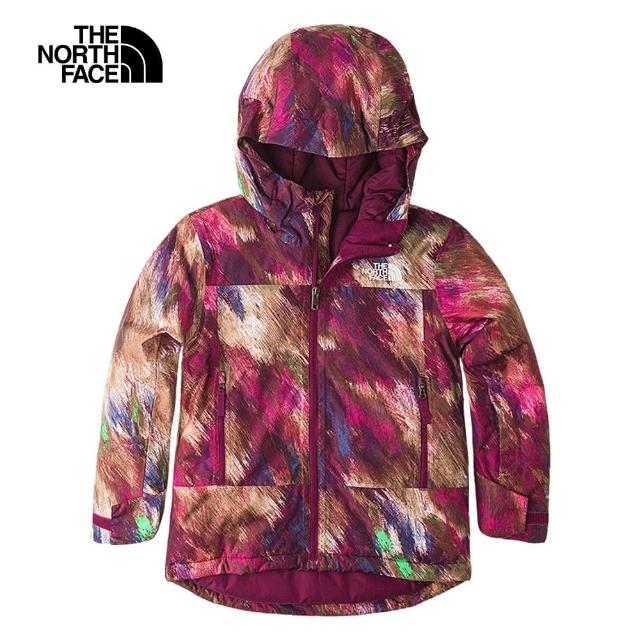 【The North Face 官方旗艦】北面兒童紅色印花DryVent防水透氣保暖連帽鋪棉外套｜82Y6OME