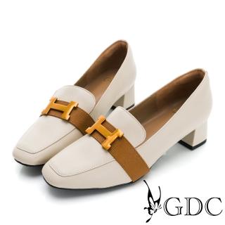 【GDC】歐風氣質方頭真皮中跟上班包鞋-米色(321039-10)