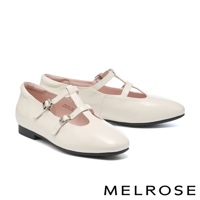 MELROSE 美樂斯 簡約復古雙繫帶全真皮瑪莉珍方頭低跟鞋