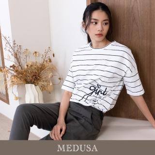 【MEDUSA 曼度莎】現貨-休閒橫紋鑽石抽繩純棉T恤（M-XL）｜女上衣 休閒上衣 短袖上衣(301-54401)