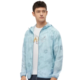 【Jack wolfskin 飛狼】男 輕量可摺收連帽狼爪印花外套 抗UV防曬遮陽(藍灰)