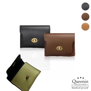 【DF Queenin】韓版ins簡約純色多隔層包蓋式鎖扣質感迷你手拿收納小包短夾