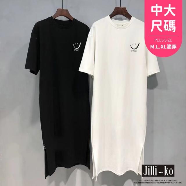 【JILLI-KO】學院風印花寬鬆開衩T恤連衣裙中大尺碼-F(黑/白)