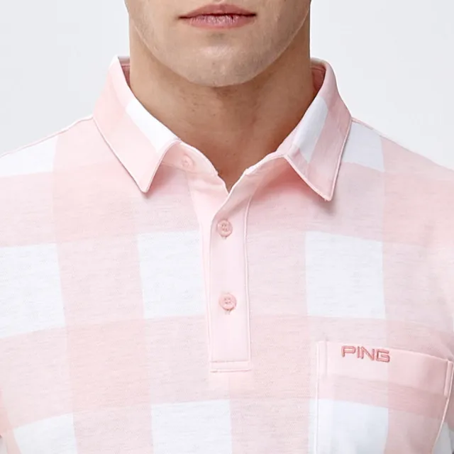 【PING】男款格紋吸濕排汗涼爽口袋短袖POLO衫-粉橘(GOLF/高爾夫球衫/PA24106-23)
