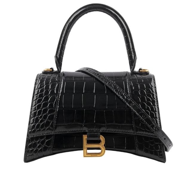 【Balenciaga 巴黎世家】Hourglass 金釦壓鱷魚紋牛皮二用沙漏包(黑色)