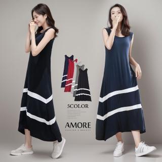 【Amore】莫代爾圓領背心橫條連身裙(夏日穿搭必備)