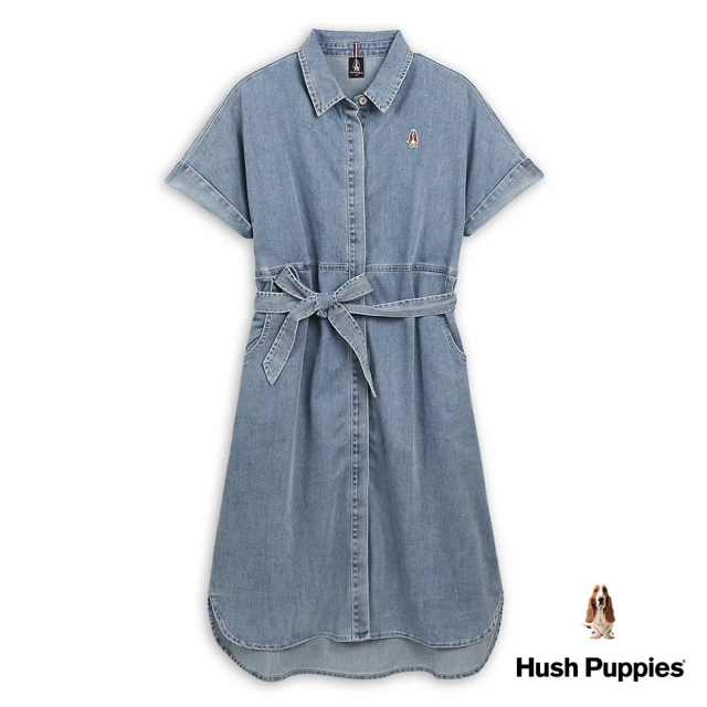 【Hush Puppies】女裝 洋裝 寬袖暗門襟腰綁帶休閒牛仔洋裝(淺藍 / 43215101)