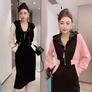 【K.W.】現貨CHILL法式背心洋裝外套二件式套裝(套裝 秋冬 外出 休閒 共2色)