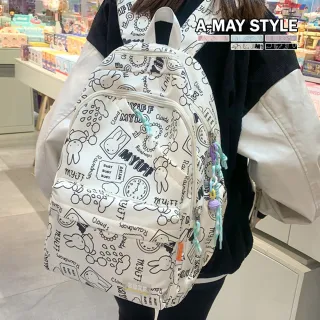 【Amay Style 艾美時尚】現貨.旅行登山後背包 尼龍雙肩包 日韓設計兔兔塗鴉印花大容量後背包。贈吊飾(5色)