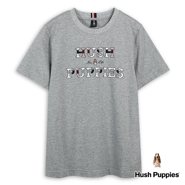 Hush Puppies 男裝 T恤 經典格紋配色矽膠品牌英文刺繡狗T恤(麻灰 / 43111201)