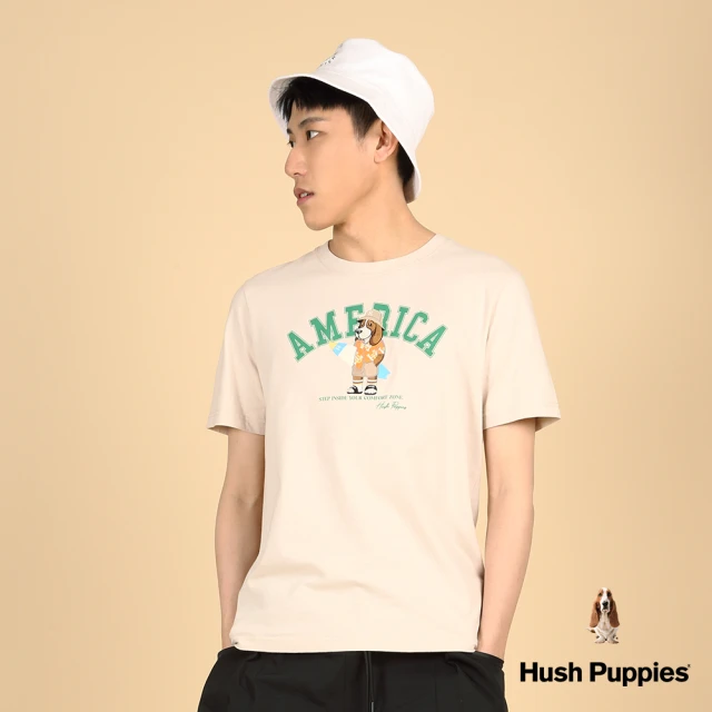 Hush Puppies 男裝 T恤 趣味英文字印花度假衝浪狗T恤(淺卡其 / 43111102)