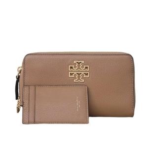 【TORY BURCH】金色LOGO荔枝紋ㄇ型拉鍊長夾淺駝色(贈原廠紙袋/送禮)