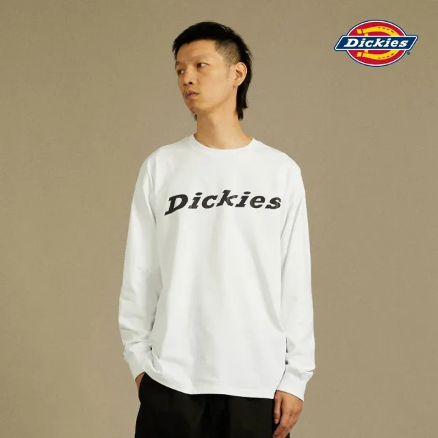 【Dickies】男款白色純棉重磅胸前反光Logo印花長袖T恤｜DK012564C4D