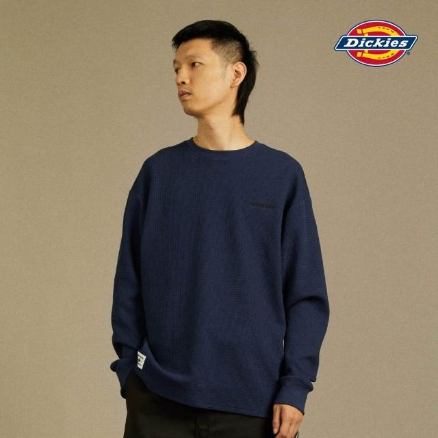 【Dickies】男款深藍色華夫格品牌Logo織標舒適長袖T恤｜DK012565B29