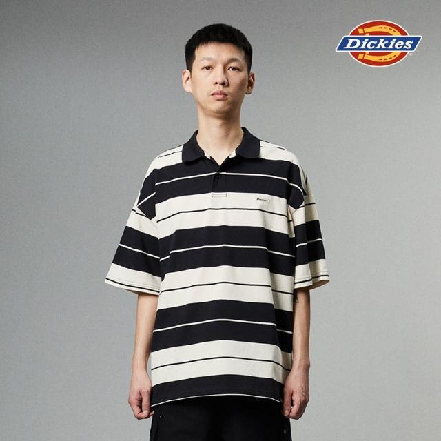 【Dickies】男款淺沙灰條紋重磅純棉寬鬆舒適短袖POLO衫｜DK013078F90